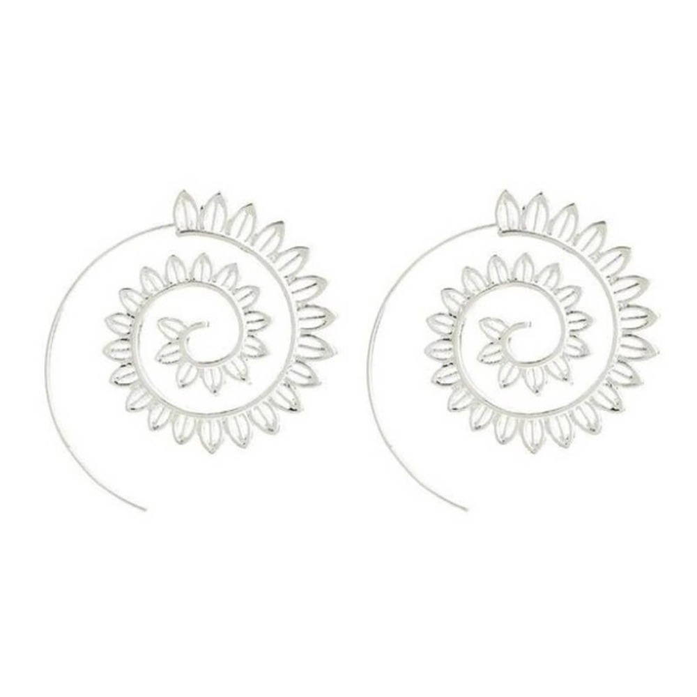 Silver Festival Boho Leaf Swirl Circle Earrings